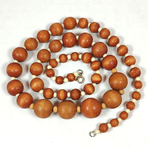 Natural Wood & Plastic Beaded Necklace SIlver Tone Metal 24" Graduated Bohemian - Picture 6 of 9